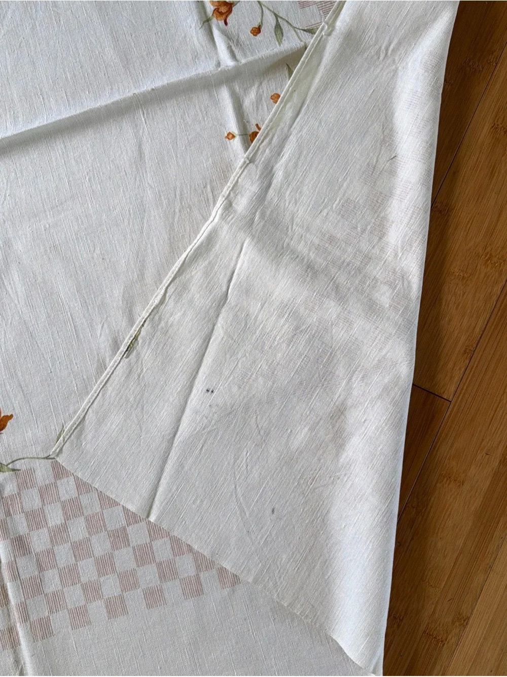 Vtg Square Tablecloth Off White Linen Subtle Checkered Border Orange Garland